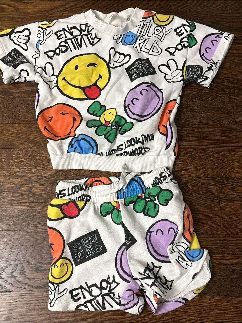 Smiley World Two-Piece Lounge Set in White with Colorful Smiley Print